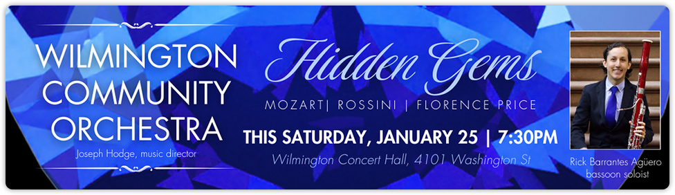 Join us this Saturday at 7:30pm in Wilmington for Hidden Gems with the Wilmington Community Orchestra and Rick Barrantes Agüero, bassoon soloist